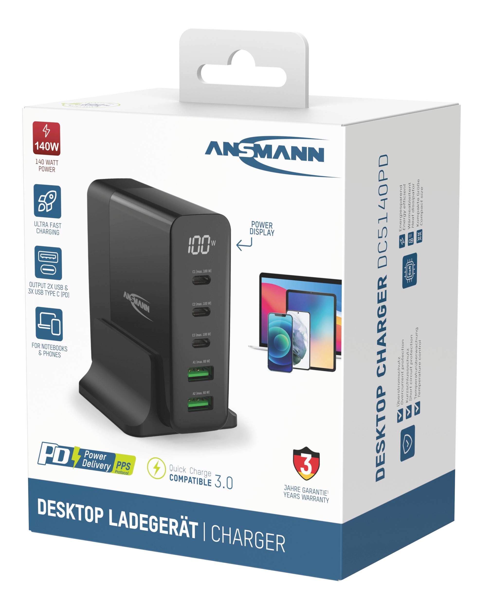 Ansmann Desktop Ladegerät mit Display DC5140PD 140W USB Ladegerät 140W 2x USB-A, 3x USB-C® USB PD Schwarz Innenbereich