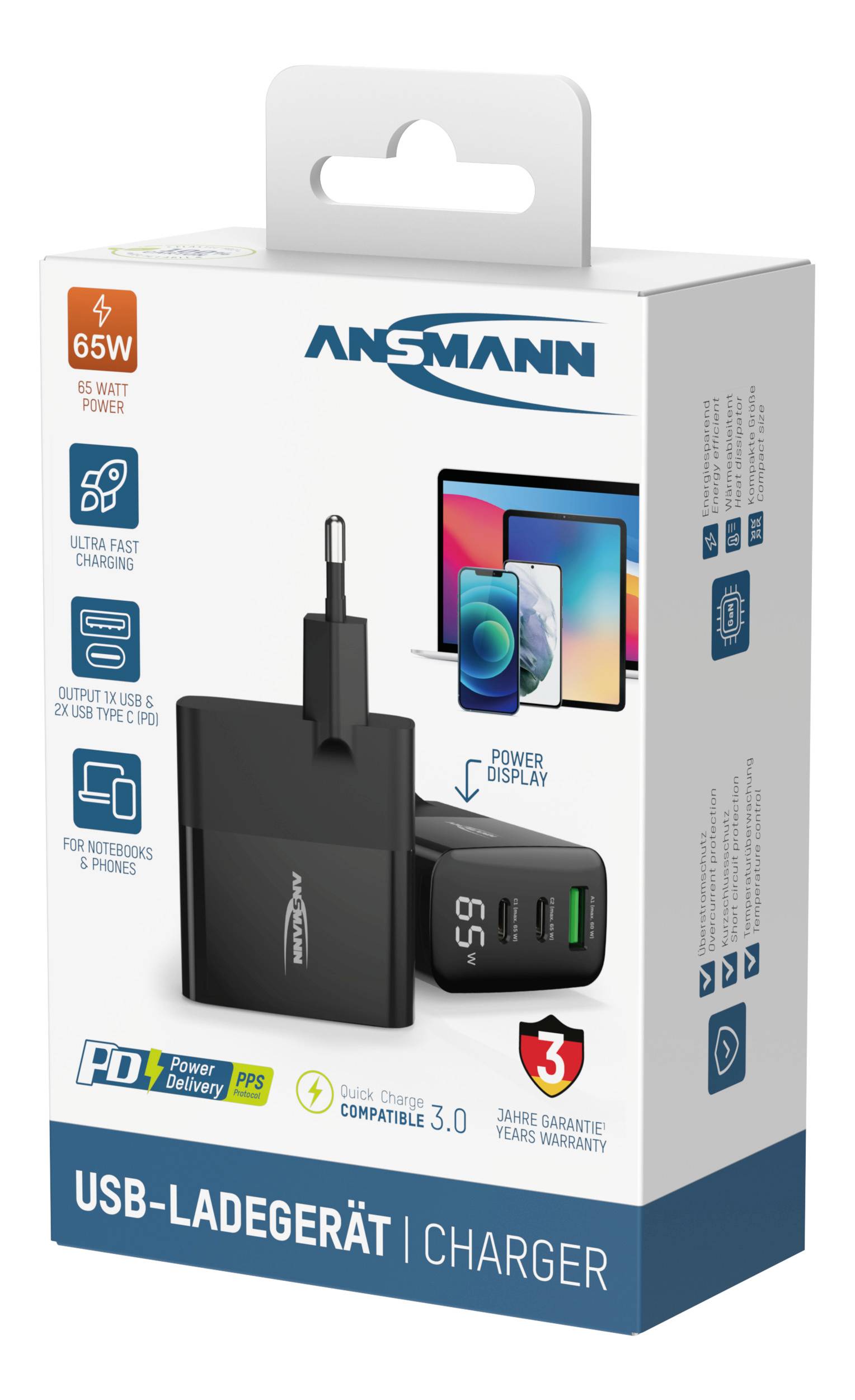 Ansmann USB-Ladegerät, 65 Watt Power, kompatibel mit USB-C, Schnellladung, für Notebooks & Smartphones, 3 Jahre Garantie.