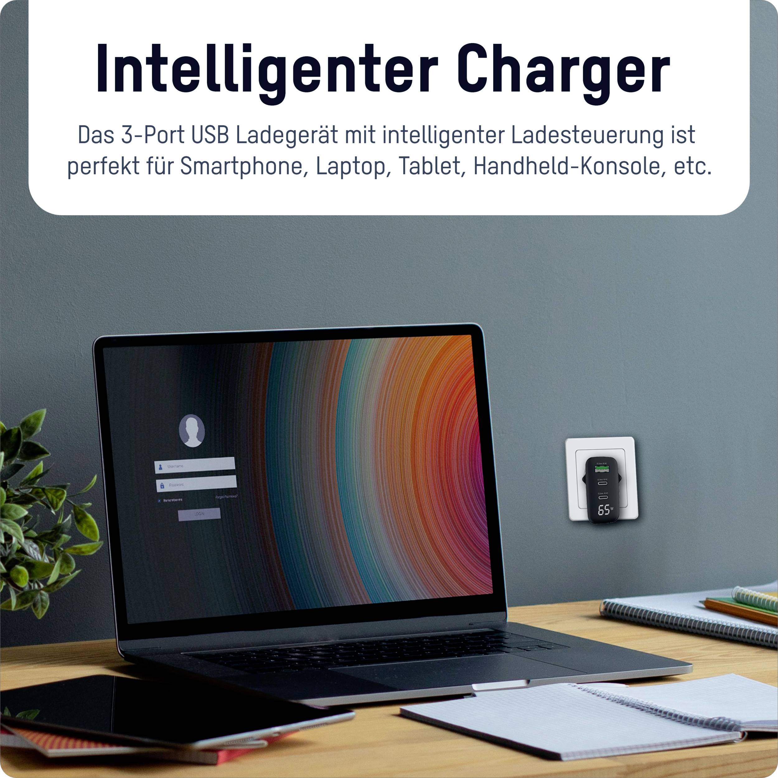 Ein Laptop auf einem Tisch, daneben ein intelligentes 3-Port USB-Ladegerät an der Wand. Text: 'Intelligenter Charger'.