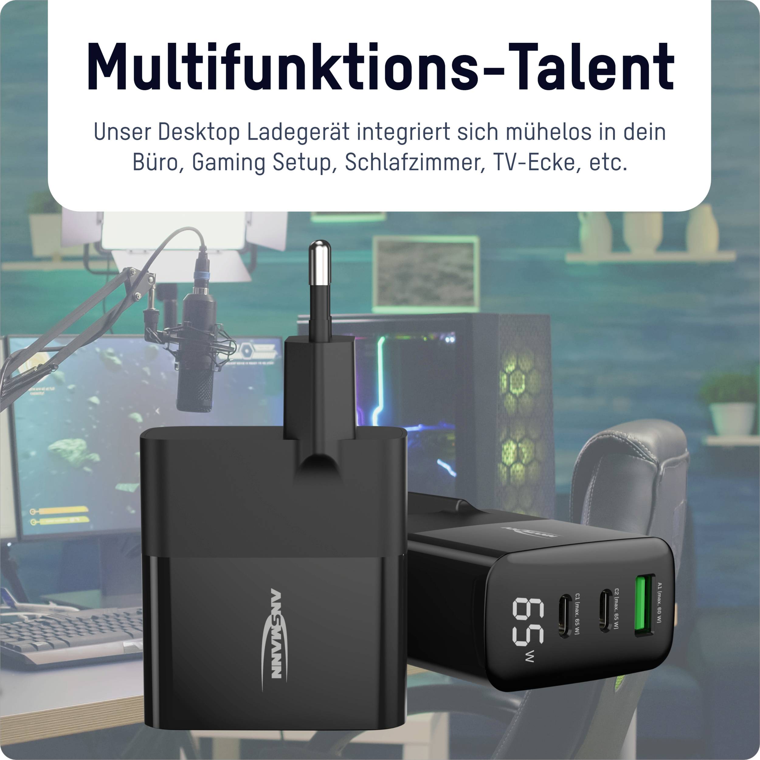 Multifunktions-Ladegerät in schwarzem Design, auf einem Schreibtisch in einem modern eingerichteten Raum mit Bildschirm und Gaming-Setup.