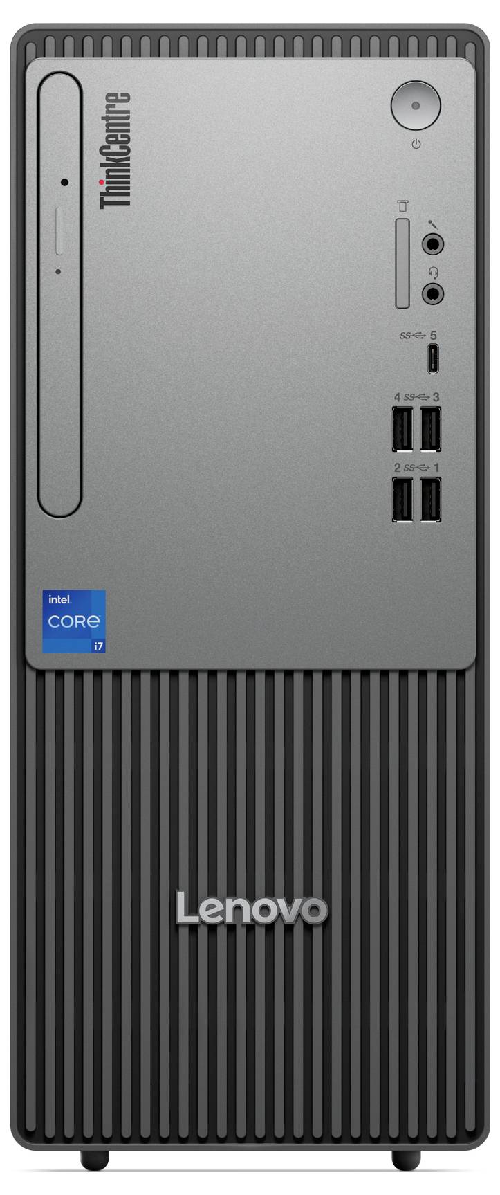 Grauer Lenovo ThinkCentre-Desktop-PC, vertikale Streifen auf der unteren Hälfte, Markenname und USB-Anschlüsse sichtbar.