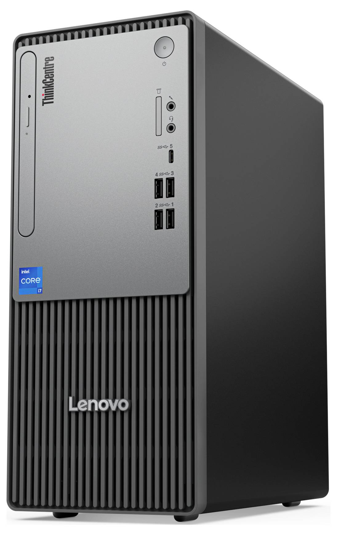 Lenovo ThinkCentre Desktop-Computer mit Intel Core i5-Label, mehreren USB-Anschlüssen und schlankem, schwarzen Gehäuse-Design.