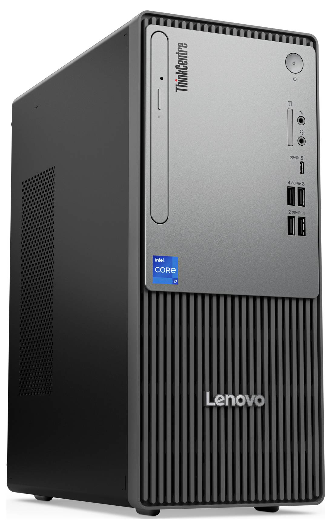 Ein Desktop-PC mit silberner Frontblende und Lenovo-Logo. Der Rechner hat mehrere USB-Anschlüsse vorne und ein Intel Core i7-Siegel.
