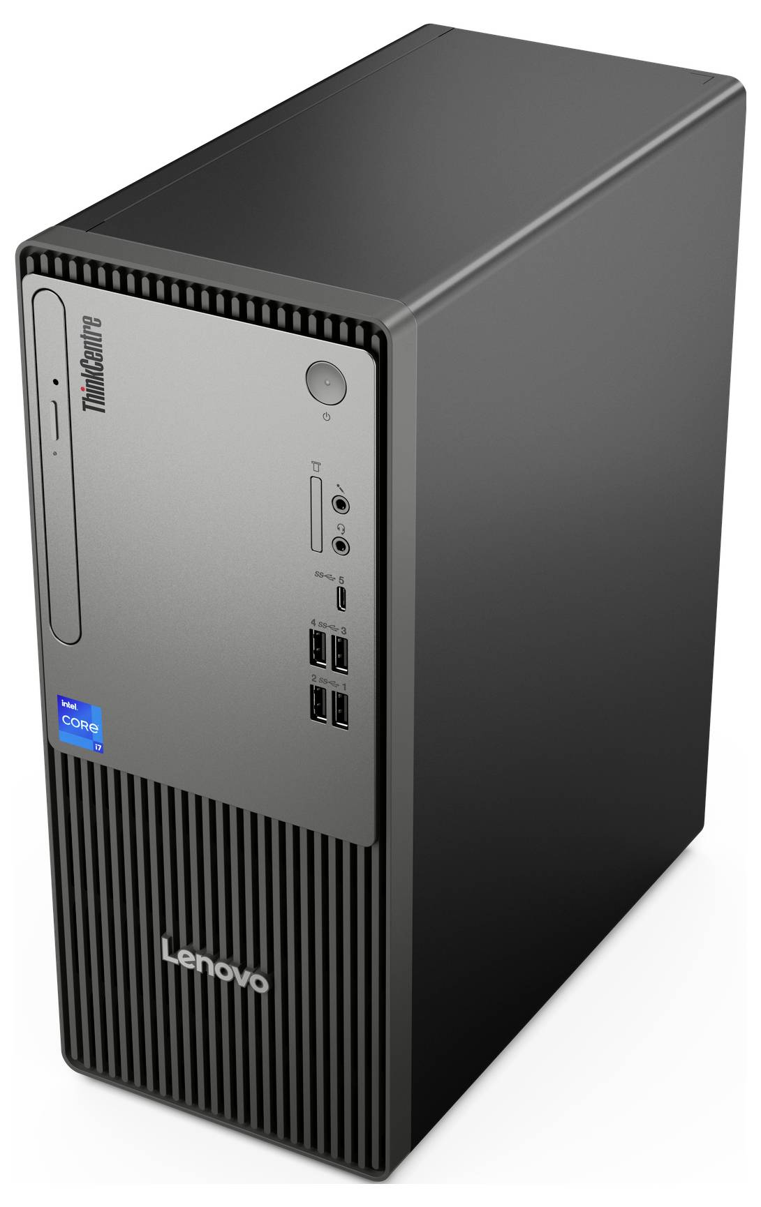 Lenovo ThinkCentre Desktop-PC mit vier USB-Anschlüssen, Audioanschlüssen und Intel Core i5 Aufkleber. Schlichtes, schwarzes Design.