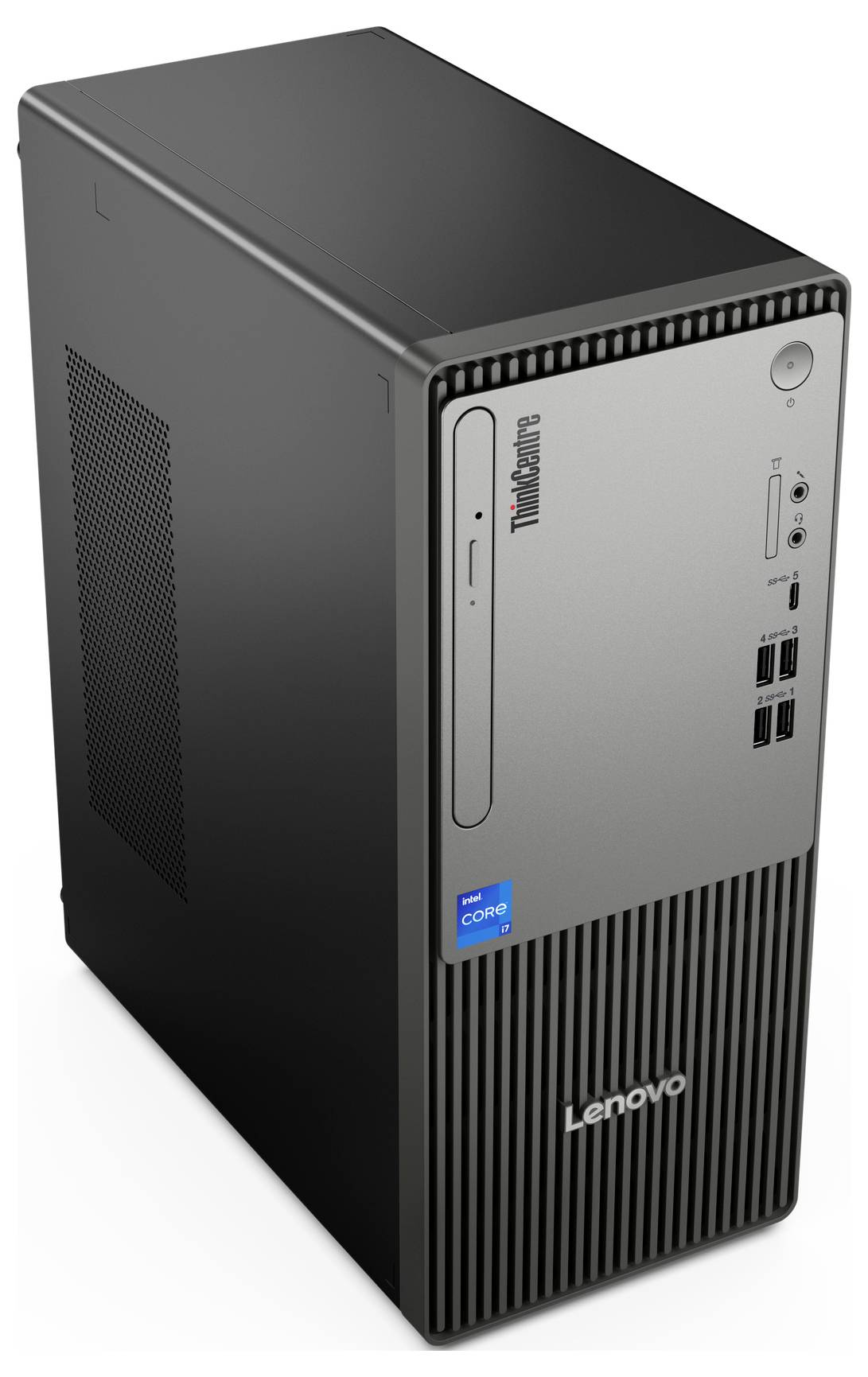 Ein schwarzer Desktop-Computer der Marke Lenovo mit vertikalen Lüftungsschlitzen an der Vorderseite und mehreren Anschlüssen an der Seite.