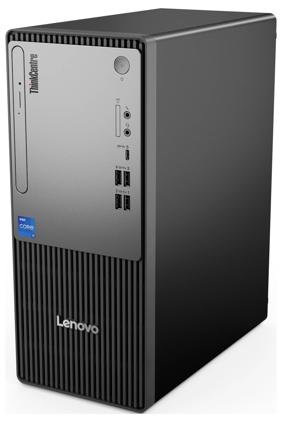 Ein schwarzer Desktop-PC von Lenovo, Modell ThinkCentre, mit Intel Core i5 Sticker, zeigt Vorderseite mit USB- und Audioanschlüssen.