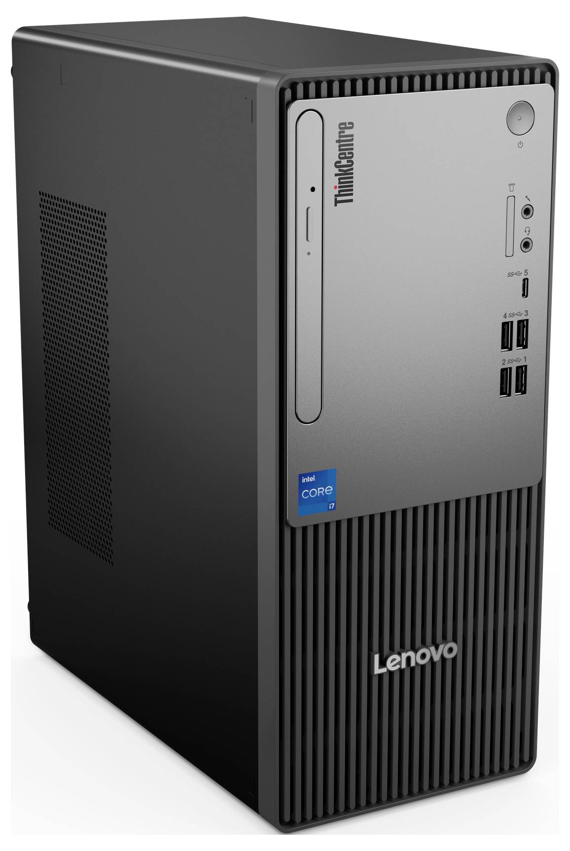 Ein grauer Lenovo Tower-PC mit mehreren USB-Anschlüssen vorne. Oben links steht 'ThinkCentre', unten ist das Lenovo-Logo sichtbar.