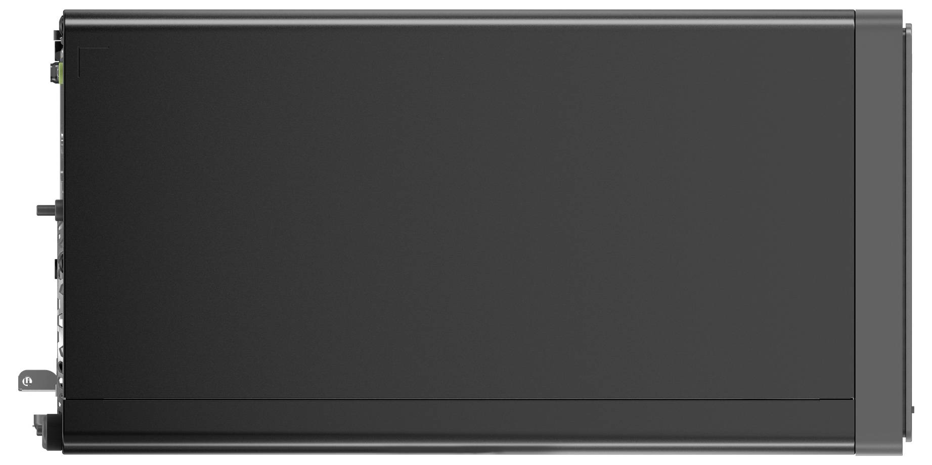 Ein rechteckiges, schwarzes elektronisches Gerät in horizontaler Ausrichtung, vermutlich ein Server oder ein Netzwerkgerät.