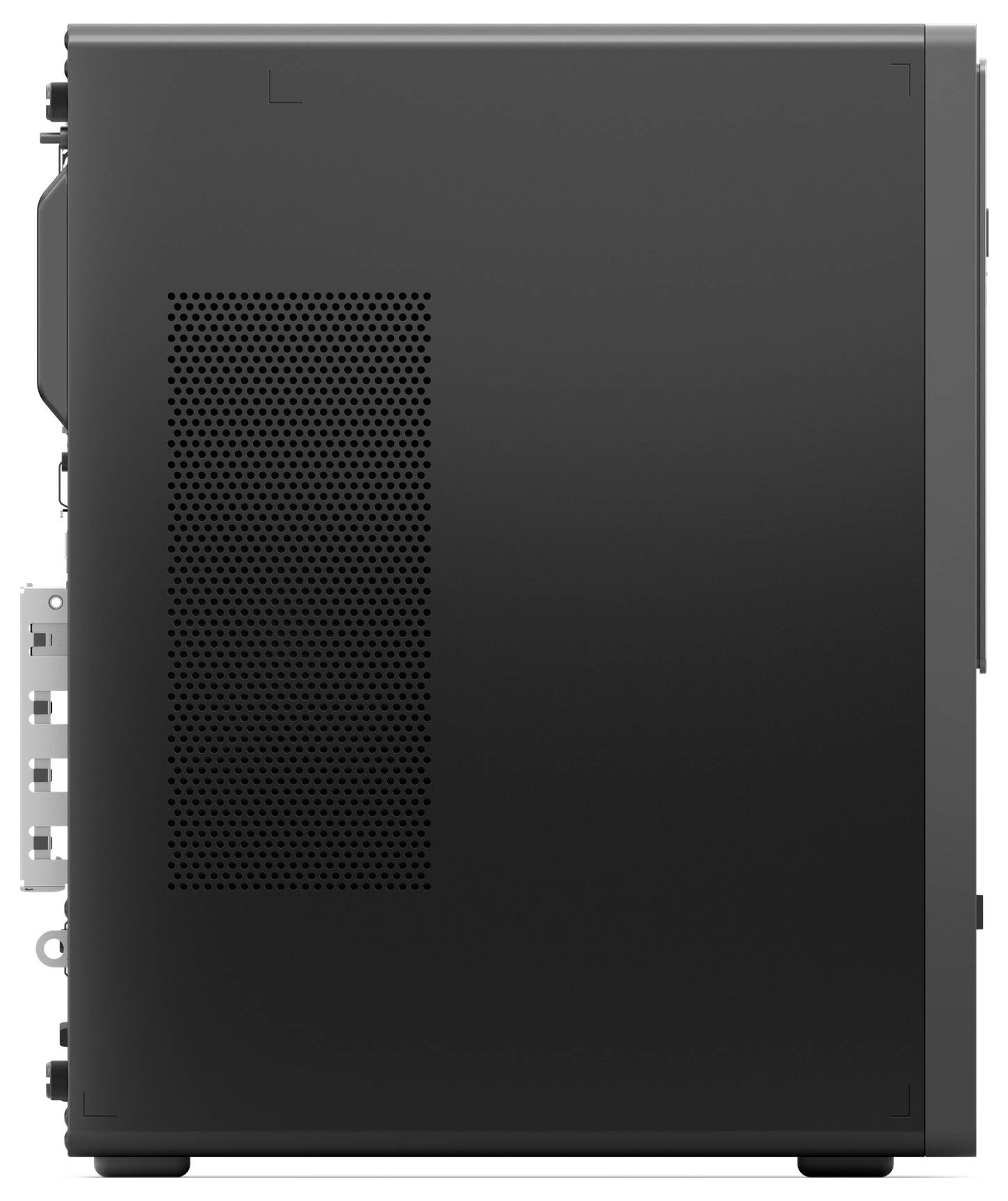 Schwarzer PC-Gehäuse seitlich mit Lüftungsschlitzen links und Anschlussports hinten sichtbar.