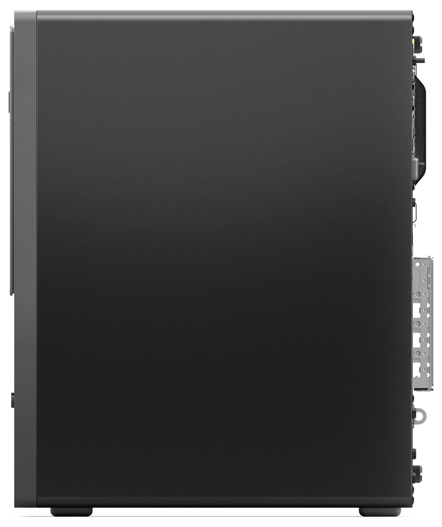 Ein schwarzes Computergehäuse, seitlich betrachtet, mit geschlossenem Panel und sichtbar abgerundeten Kanten.