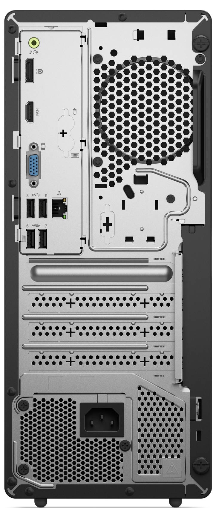 Rückseite eines Computergehäuses mit verschiedenen Anschlüssen wie HDMI, USB und Netzwerkanschluss sowie Lüftungsgitter.