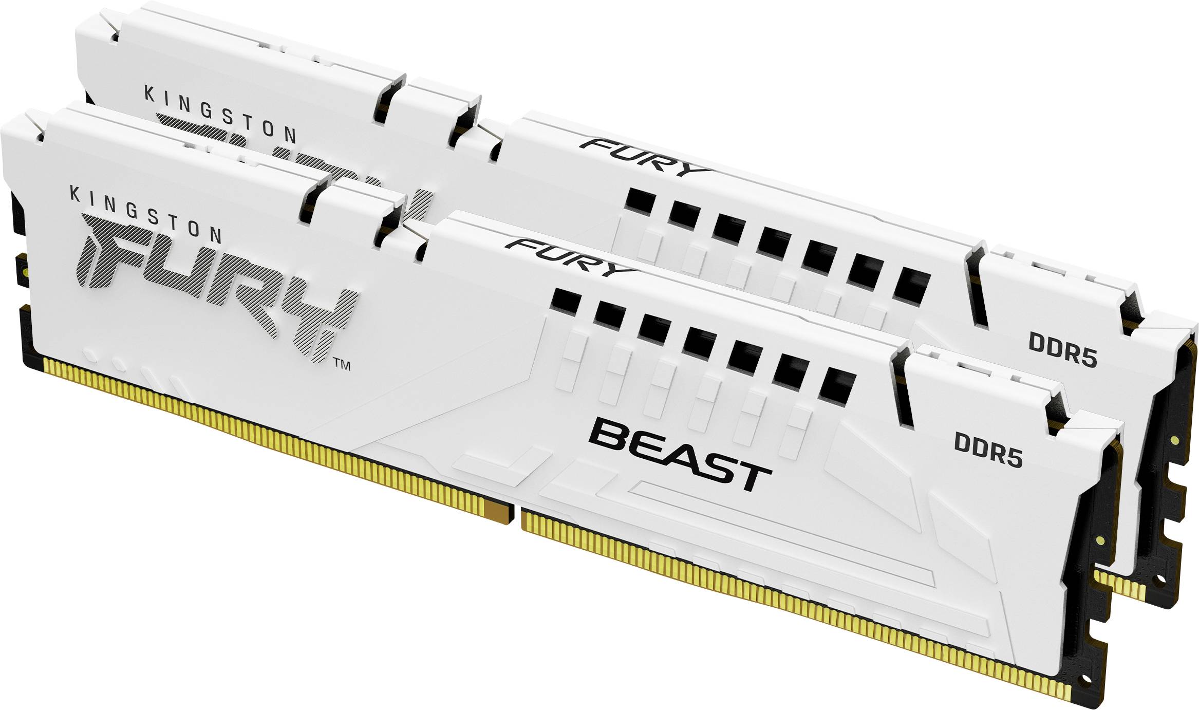Zwei weiße Kingston Fury Beast DDR5 RAM-Module in einer schrägen Ansicht. Sie haben einen kühlenden Heatspreader und zeigen Gaming-Design.