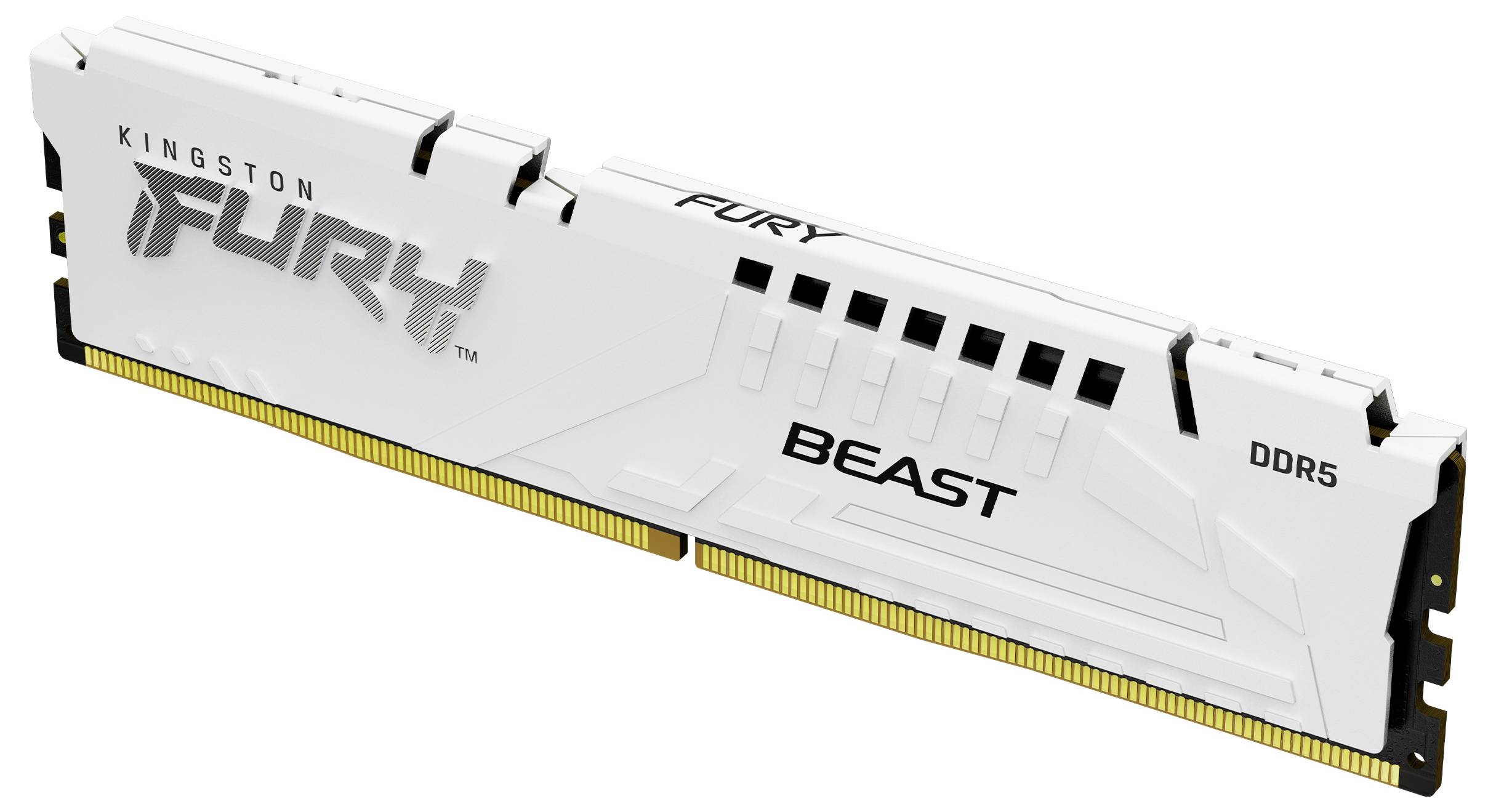 Ein weißer Kingston FURY Beast DDR5-RAM-Riegel mit silbernem Logo und Detailbeschriftung, geeignet für Hochleistungscomputer.