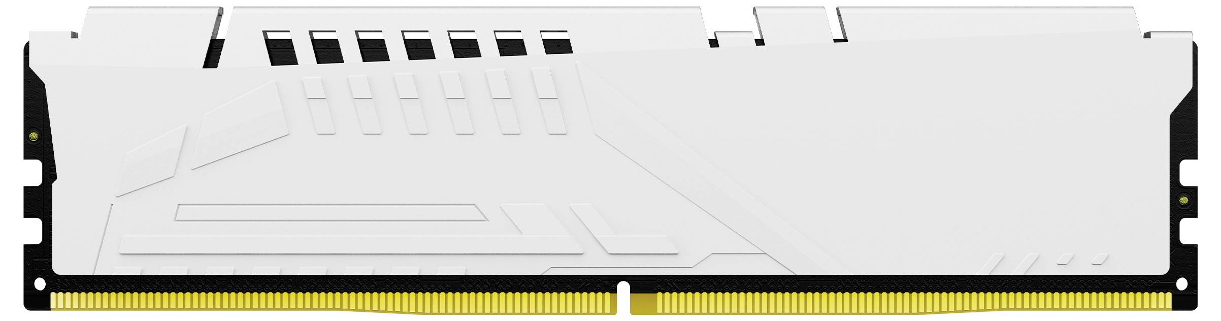 Computer-RAM-Modul mit weißem, strukturiertem Kühlkörper und goldenen Kontakten.