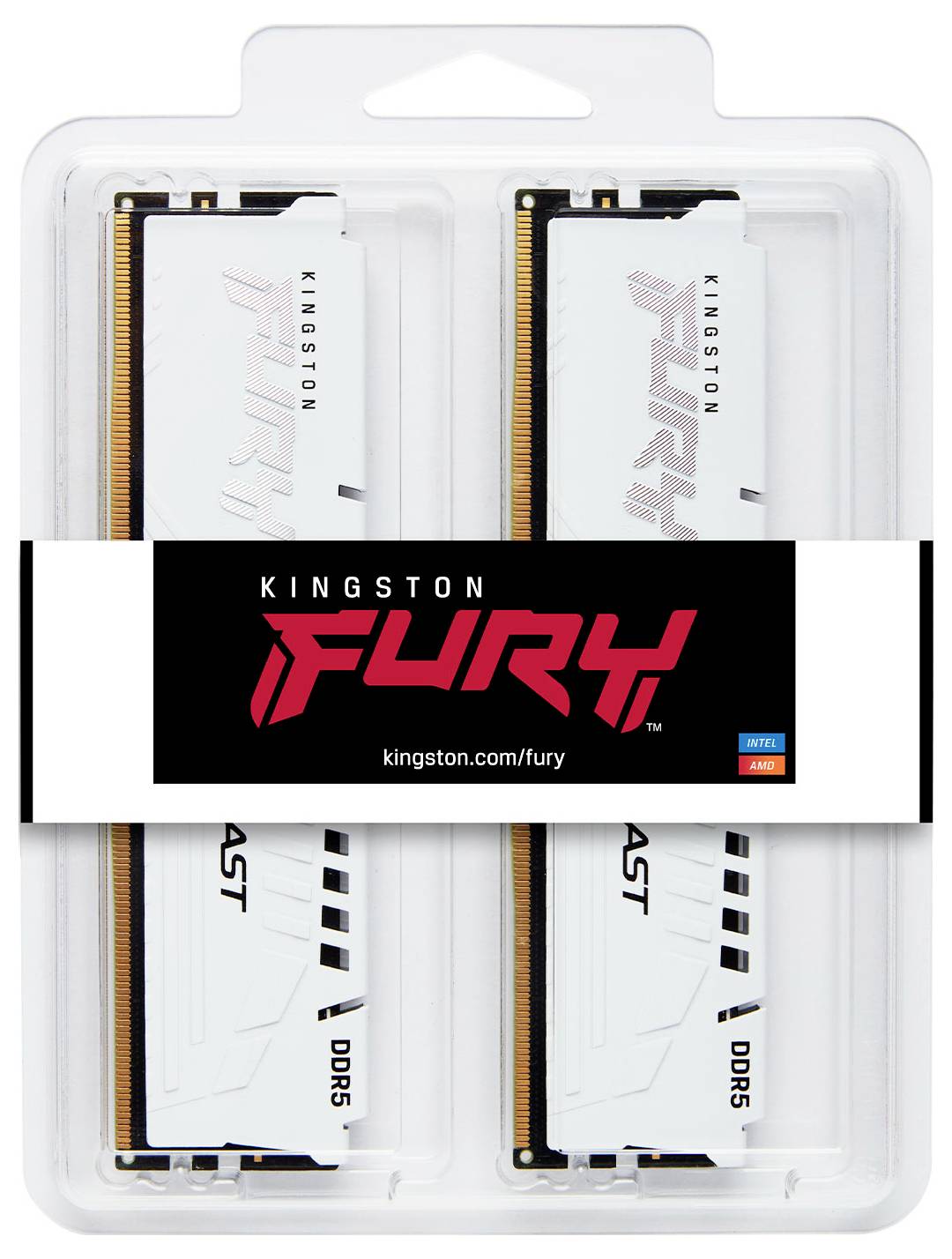 Packung mit zwei weißen Kingston FURY Beast DDR5 RAM-Modulen in Blisterverpackung. Markennamen und Logos auf der Verpackung.