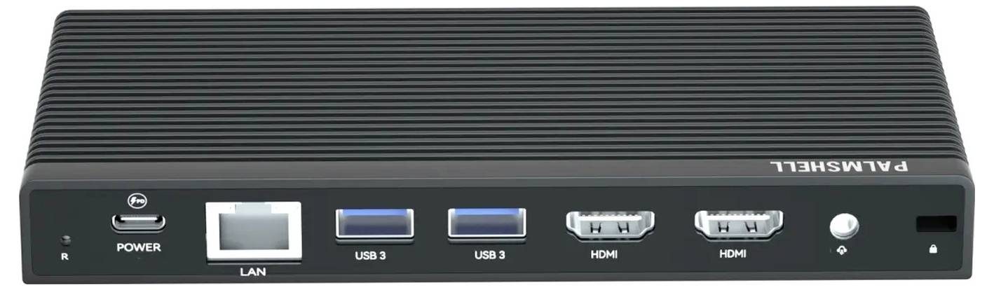 Kompakter schwarzer Medienkonverter mit Anschlüssen: Power, LAN, zwei USB, zwei HDMI. Geeignet für Netzwerk- und Videoübertragung.