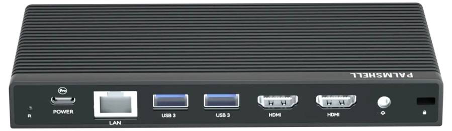 Ein schwarzer Netzwerk-Switch mit Anschlüssen für Strom, LAN, zwei USB 3.0-Ports, zwei HDMI-Ports und einem Audiobuchsenanschluss.