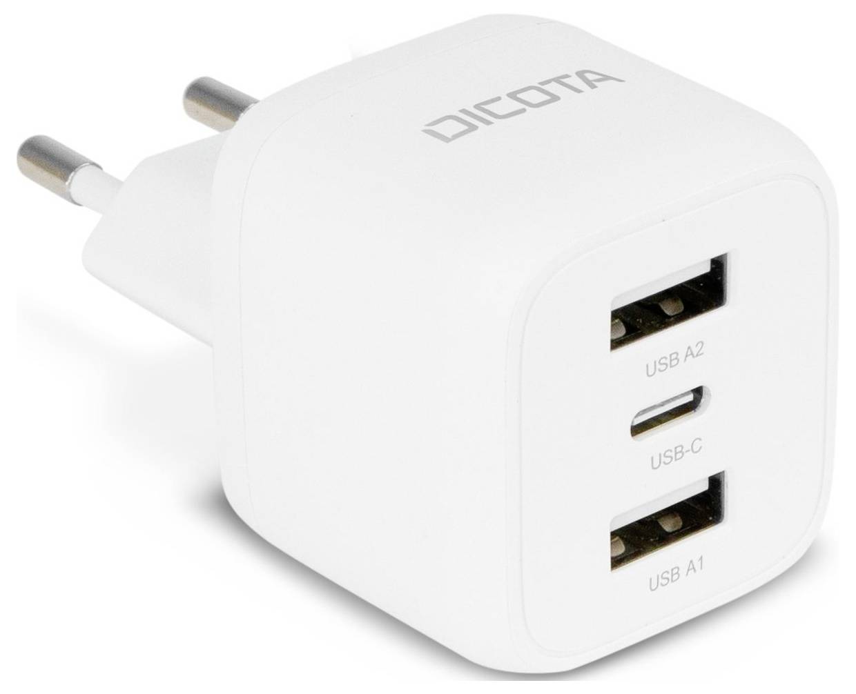 Weißer USB-Ladeadapter mit zwei USB-A- und einem USB-C-Anschluss. Markiert mit 'DICOTA' auf der Oberseite.