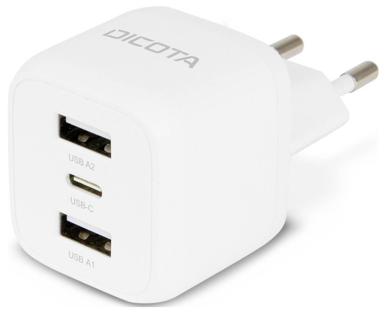 Weißer Wandladeadapter mit drei Anschlüssen: zwei USB-A und ein USB-C. Markenname oben.