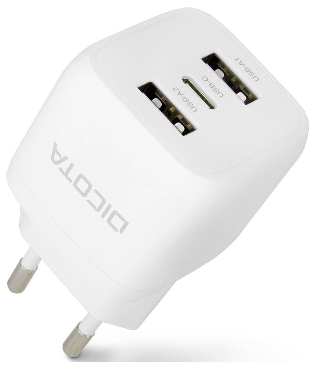 Ein weißes USB-Ladegerät mit zwei USB-Anschlüssen, beschriftet mit 'USB 2.1A' und 'USB 1A'.