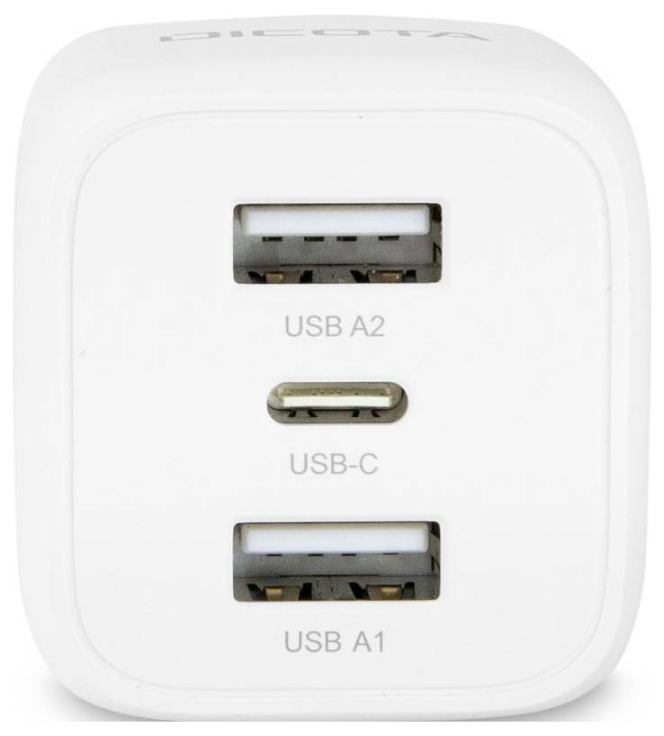 Weißes USB-Ladegerät mit zwei USB-A-Anschlüssen und einem USB-C-Anschluss, geeignet zum gleichzeitigen Laden mehrerer Geräte.