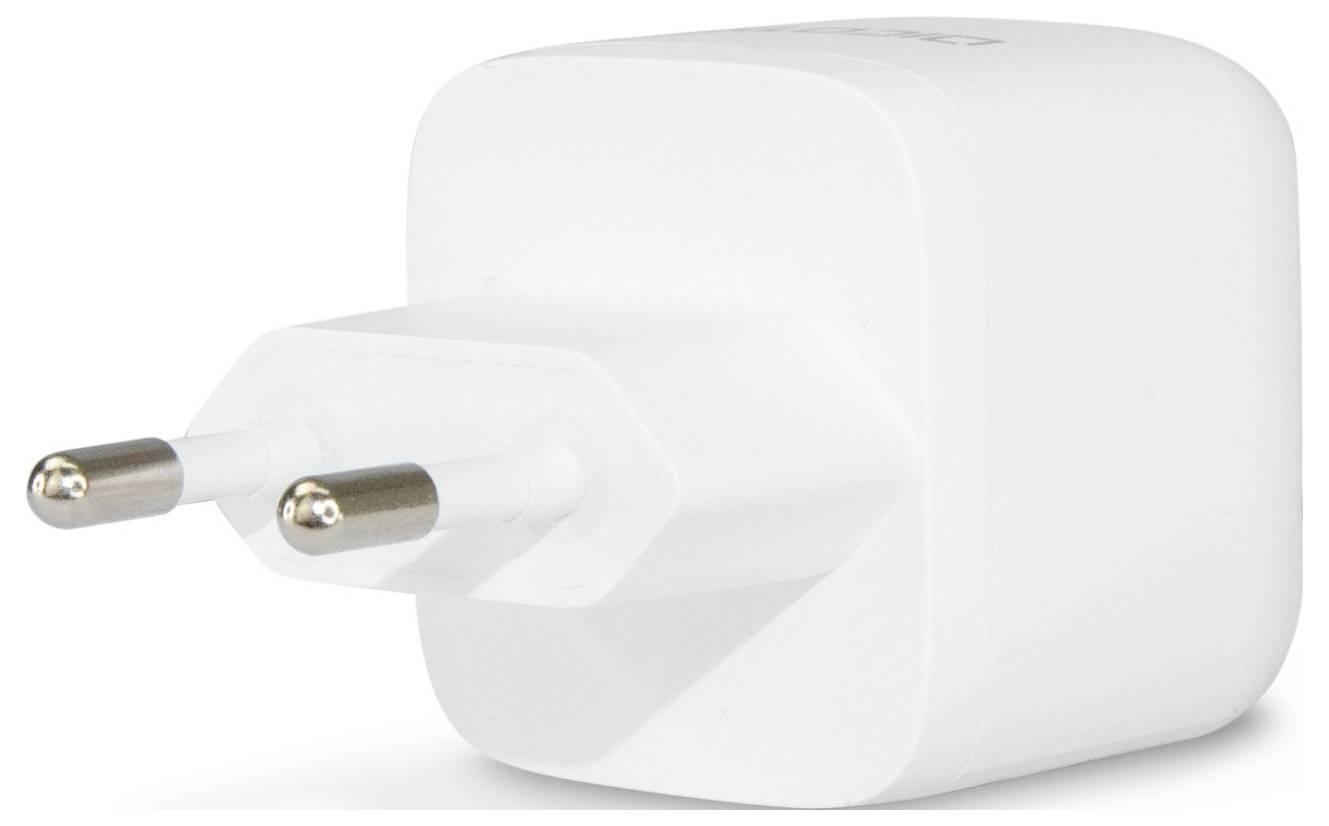 Ein weißes Ladegerät mit zwei runden Steckern, geeignet für europäische Steckdosen, auf weißem Hintergrund.