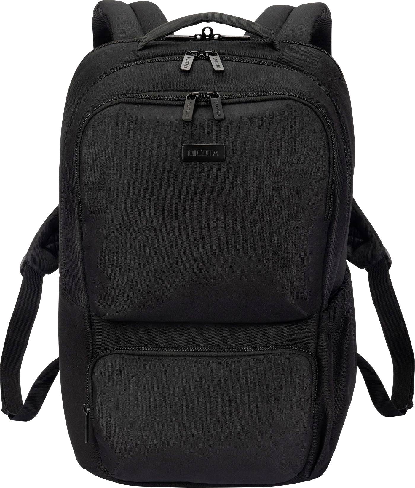 Schwarzer Rucksack mit mehreren Reißverschlusstaschen und verstellbaren Schultergurten. Geeignet für den täglichen Gebrauch und Reisen.