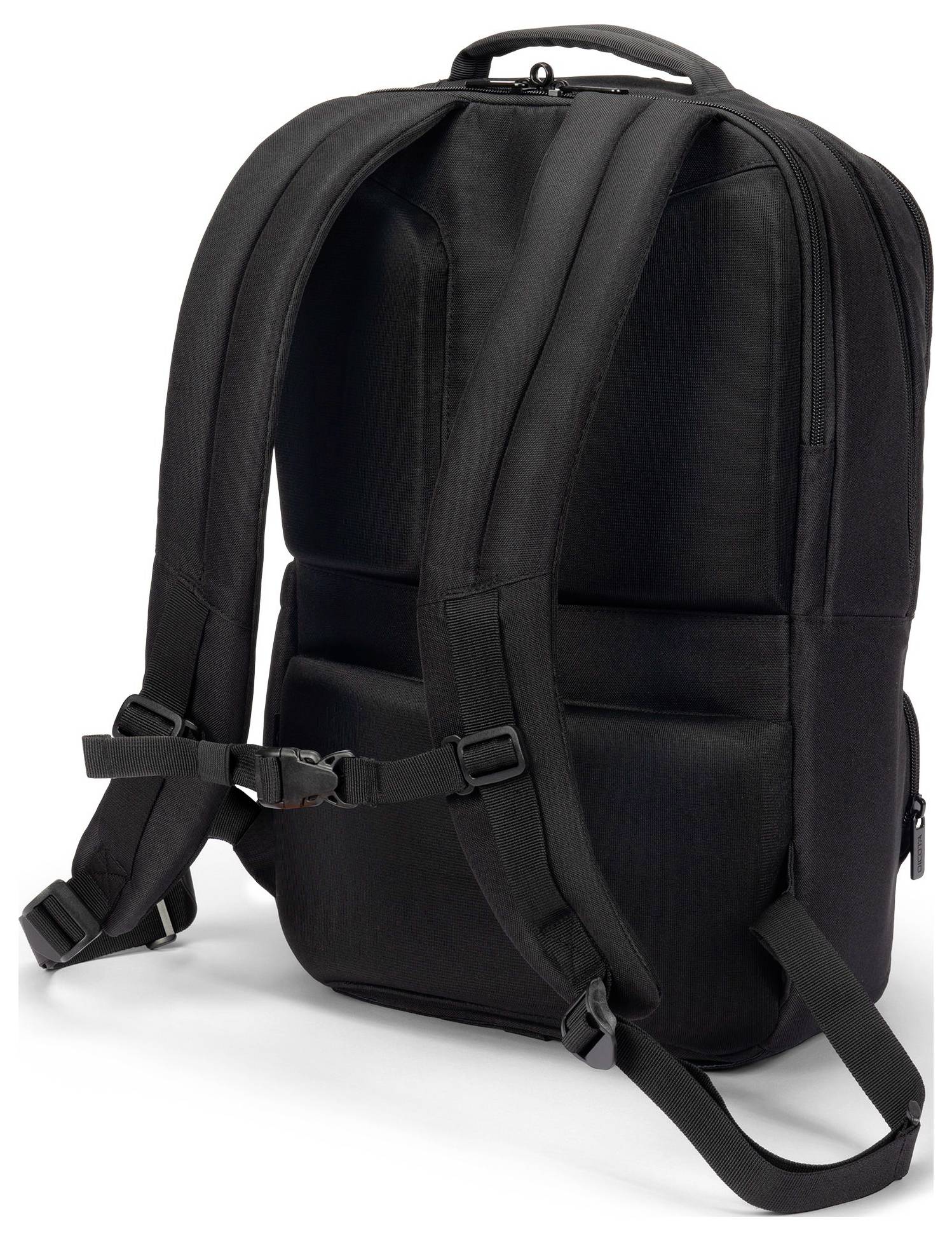 Schwarzer Rucksack mit gepolsterten Schultergurten und Rückenteil, robustem Design, geeignet für Reisen oder den täglichen Gebrauch.