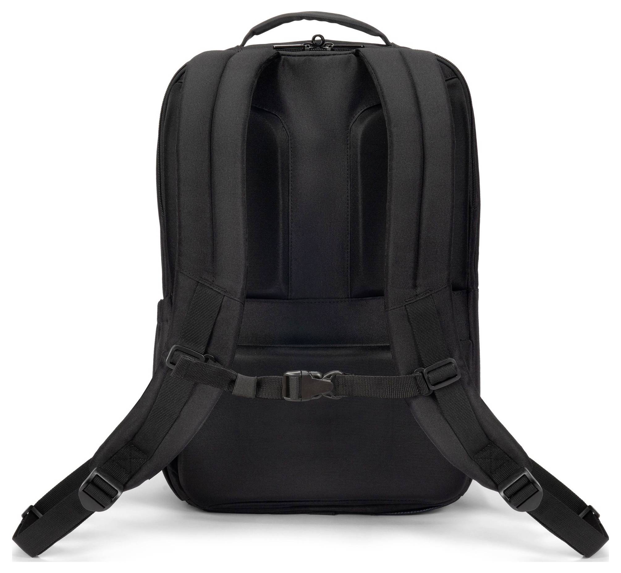 Rückansicht eines schwarzen Rucksacks mit gepolsterten Schultergurten und Brustgurt.