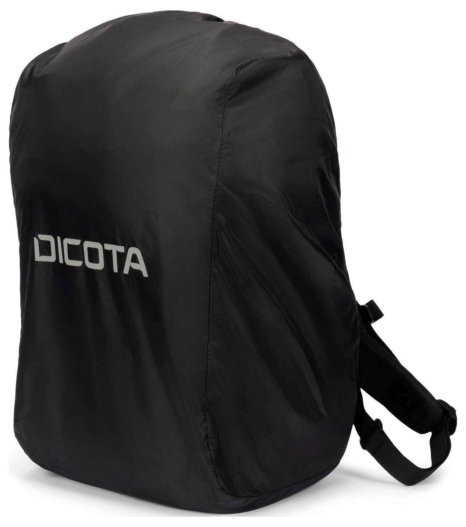 Schwarzer Rucksack mit der Aufschrift 'DICOTA', schlichtes Design, geeignet für täglichen Gebrauch oder Reisen.