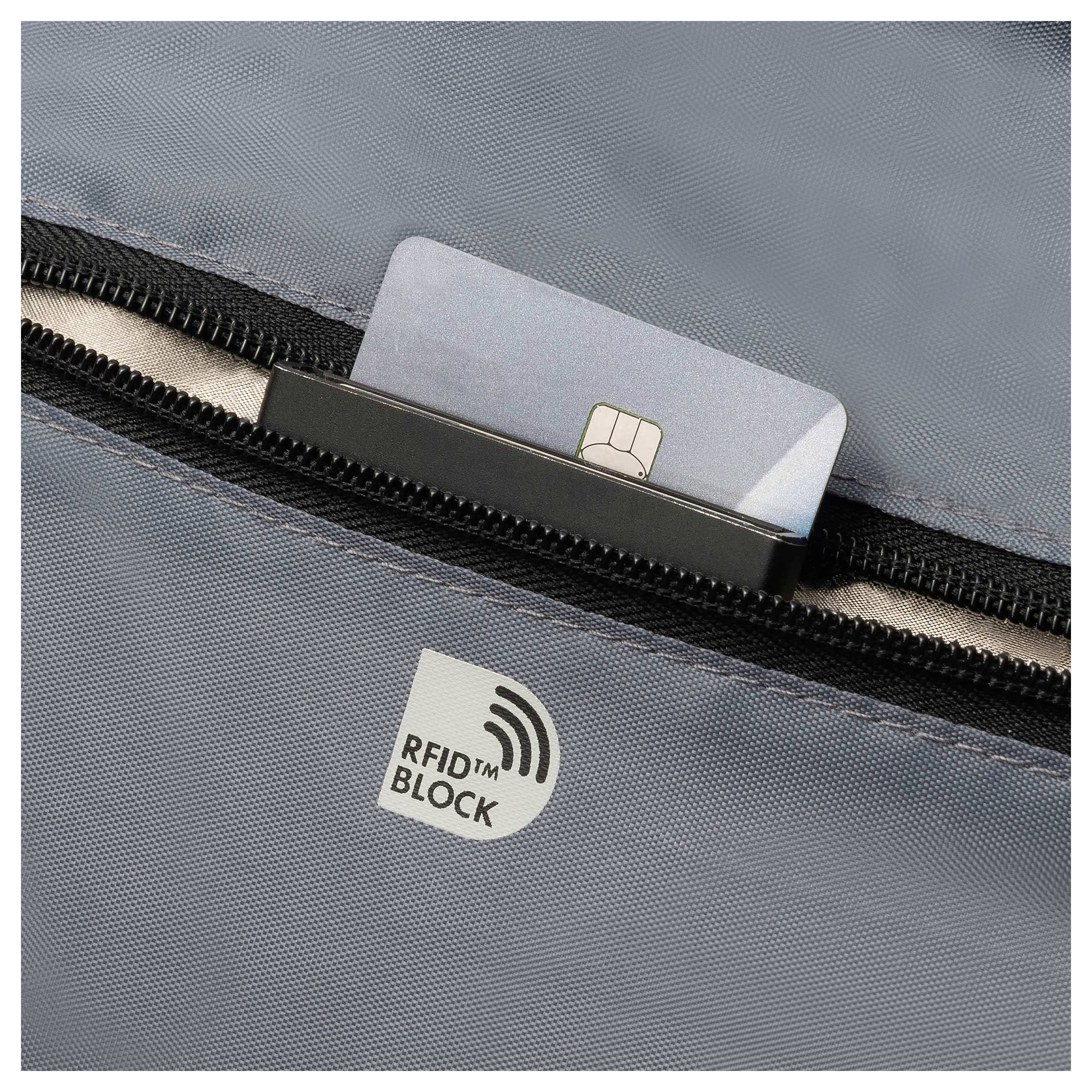 Eine silberne Kreditkarte steckt halb in einer grauen Tasche mit einem RFID-Blocker-Logo, das einen Schutz vor Datendiebstahl bietet.