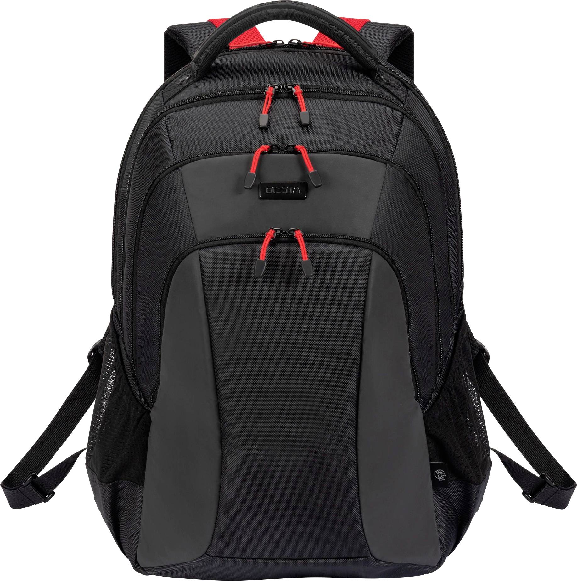 Ein schwarzer Rucksack mit mehreren Fächern und roten Reißverschlüssen auf der Vorderseite. Ideal für Schule oder Reisen.