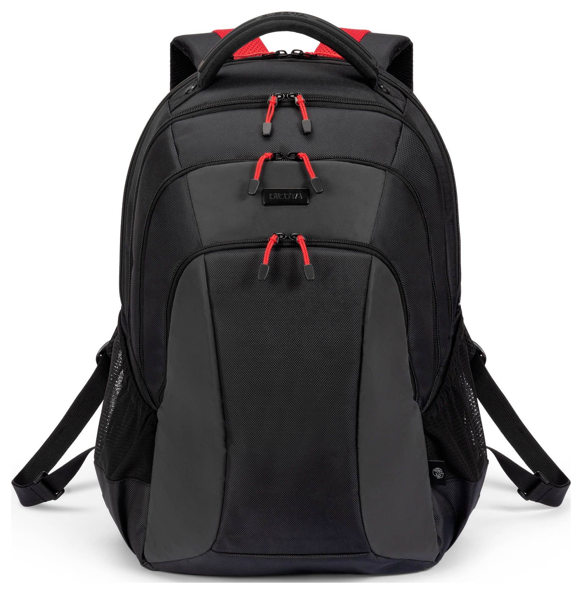 Schwarzer Rucksack mit roten Reißverschlüssen und mehreren Fächern, geeignet für Schule oder Arbeit.