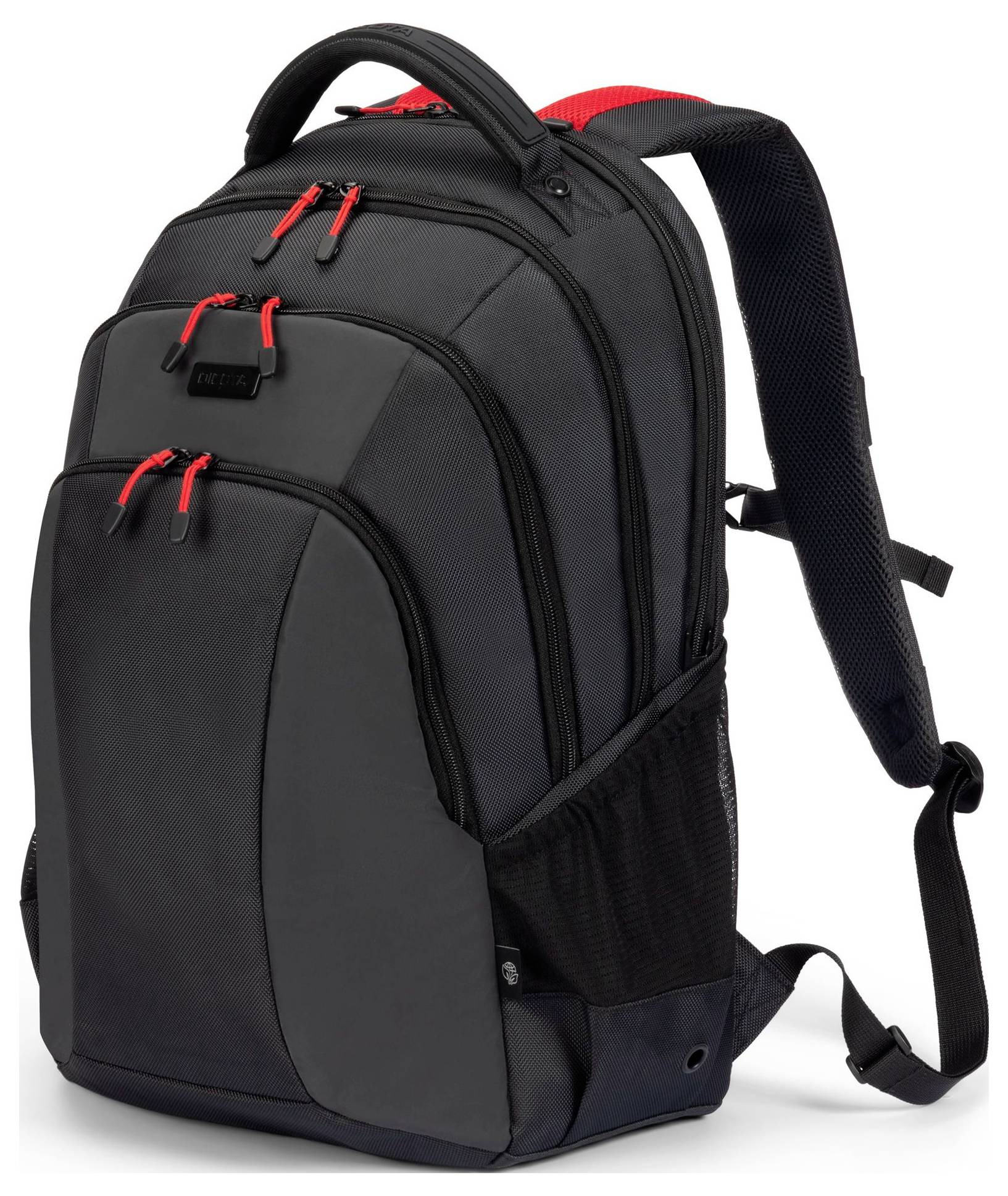 Schwarzer Rucksack mit roten Reißverschlüssen, mehreren Fächern und gepolsterten Trägern. Geeignet für Reisen oder Schule.