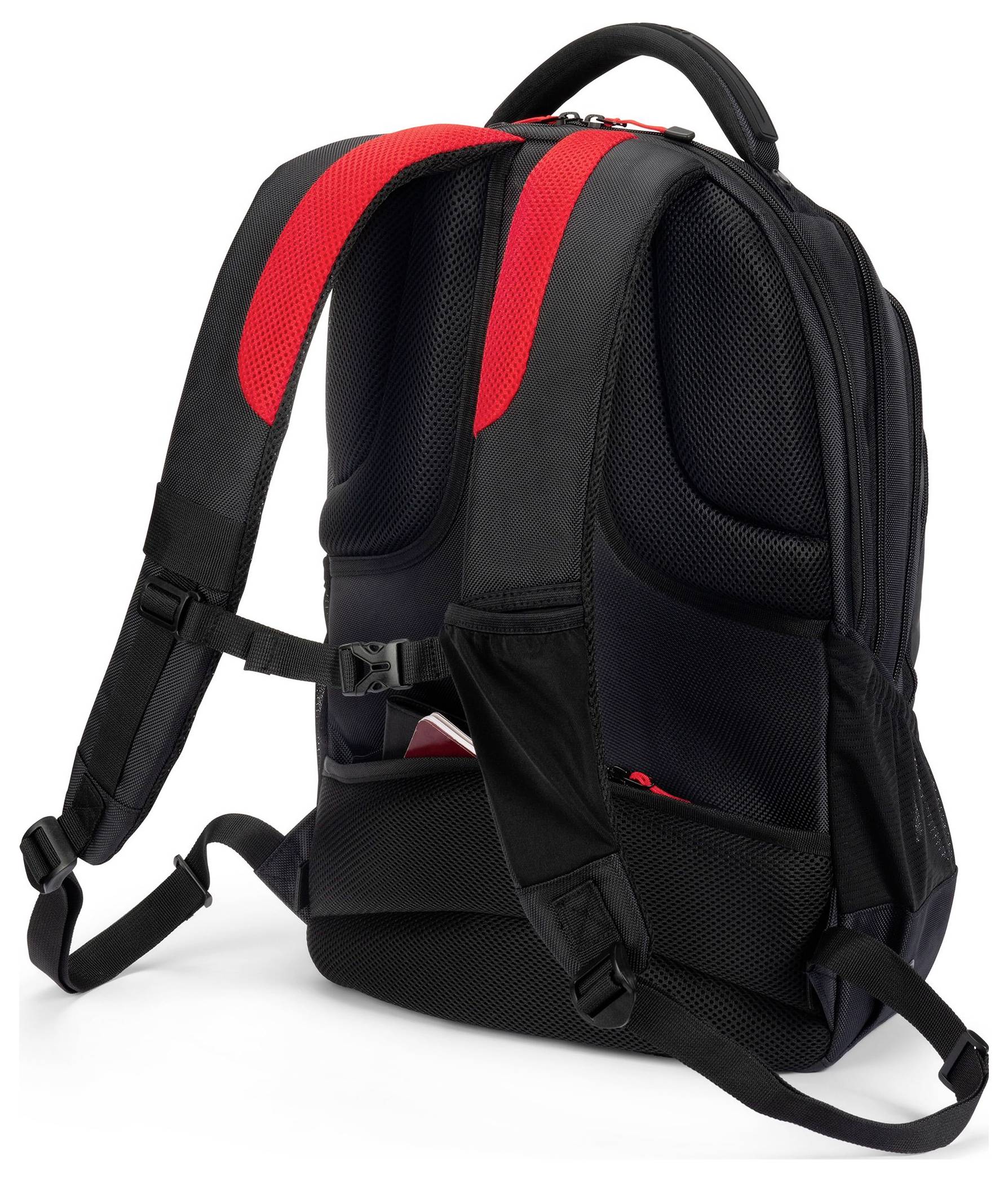 Schwarzer Rucksack mit roten Schulterpolstern, ergonomischen Rückenpolstern und verstellbaren Trägern, für Komfort und Halt.
