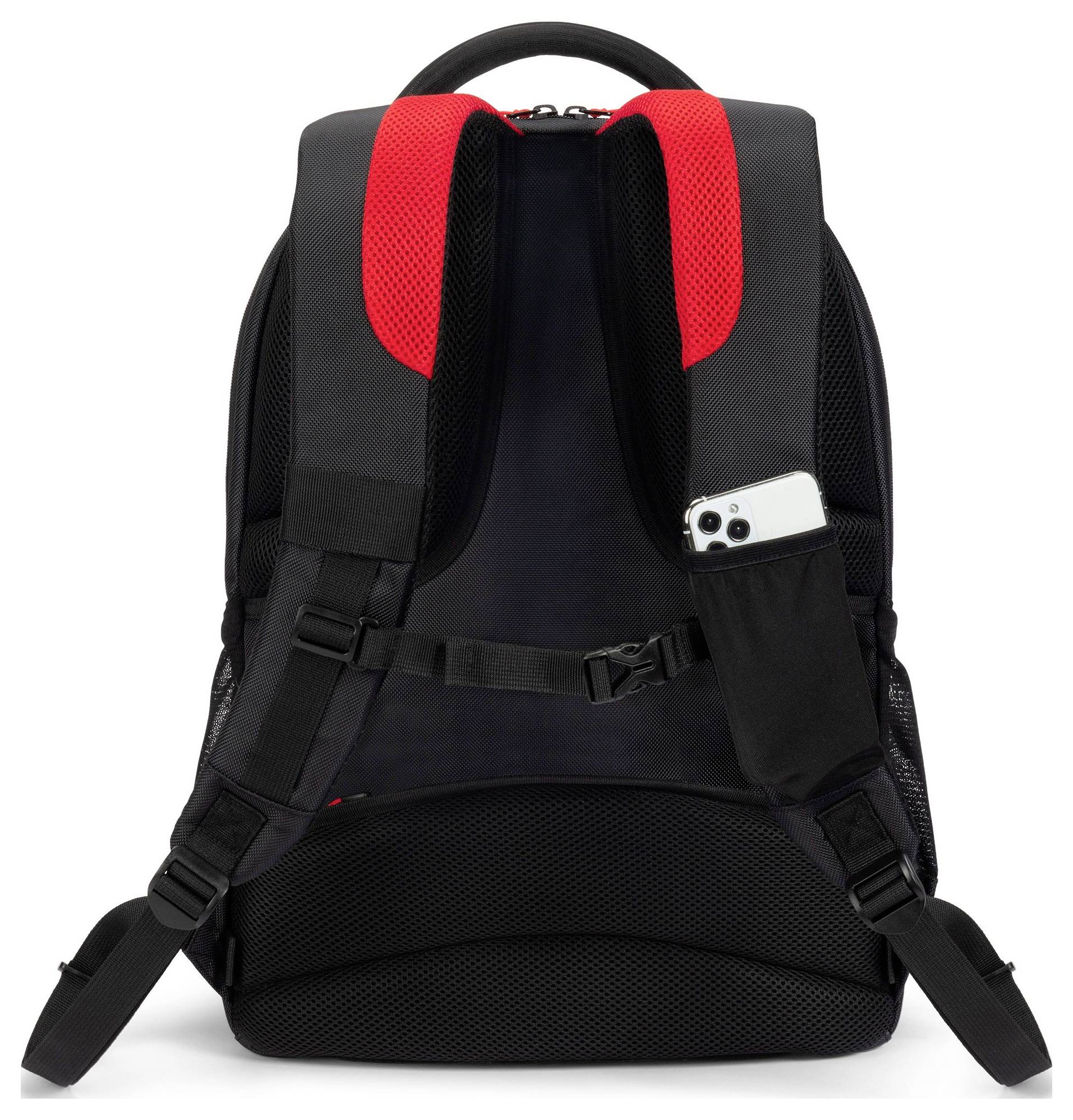 Schwarzer Rucksack mit roten Akzenten und einem Smartphone in der Rückentasche.