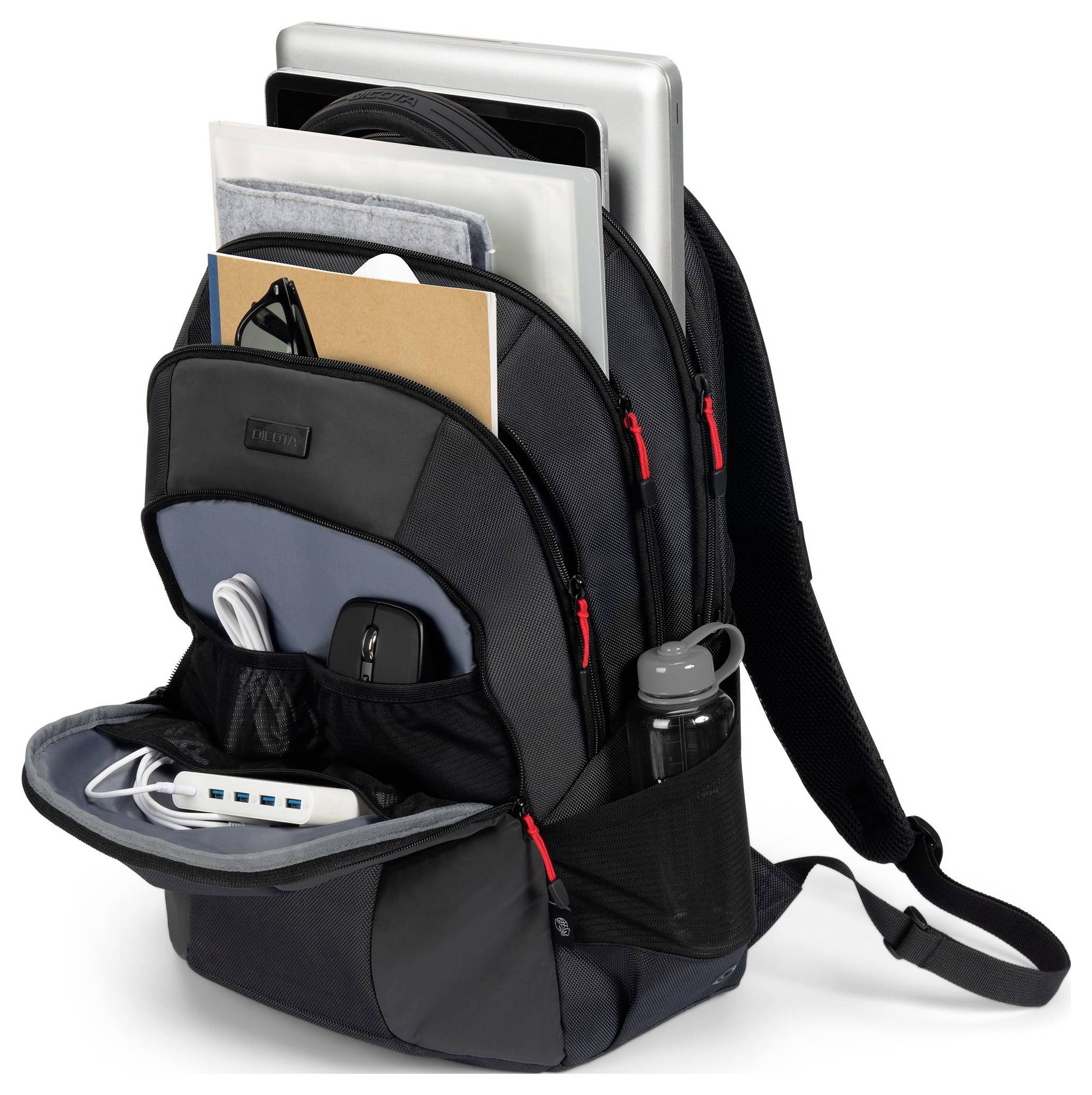 Ein geöffneter Rucksack, der ein Laptop, Notizbücher, Kabel und eine Wasserflasche zeigt. Ideal für Arbeit oder Studium.