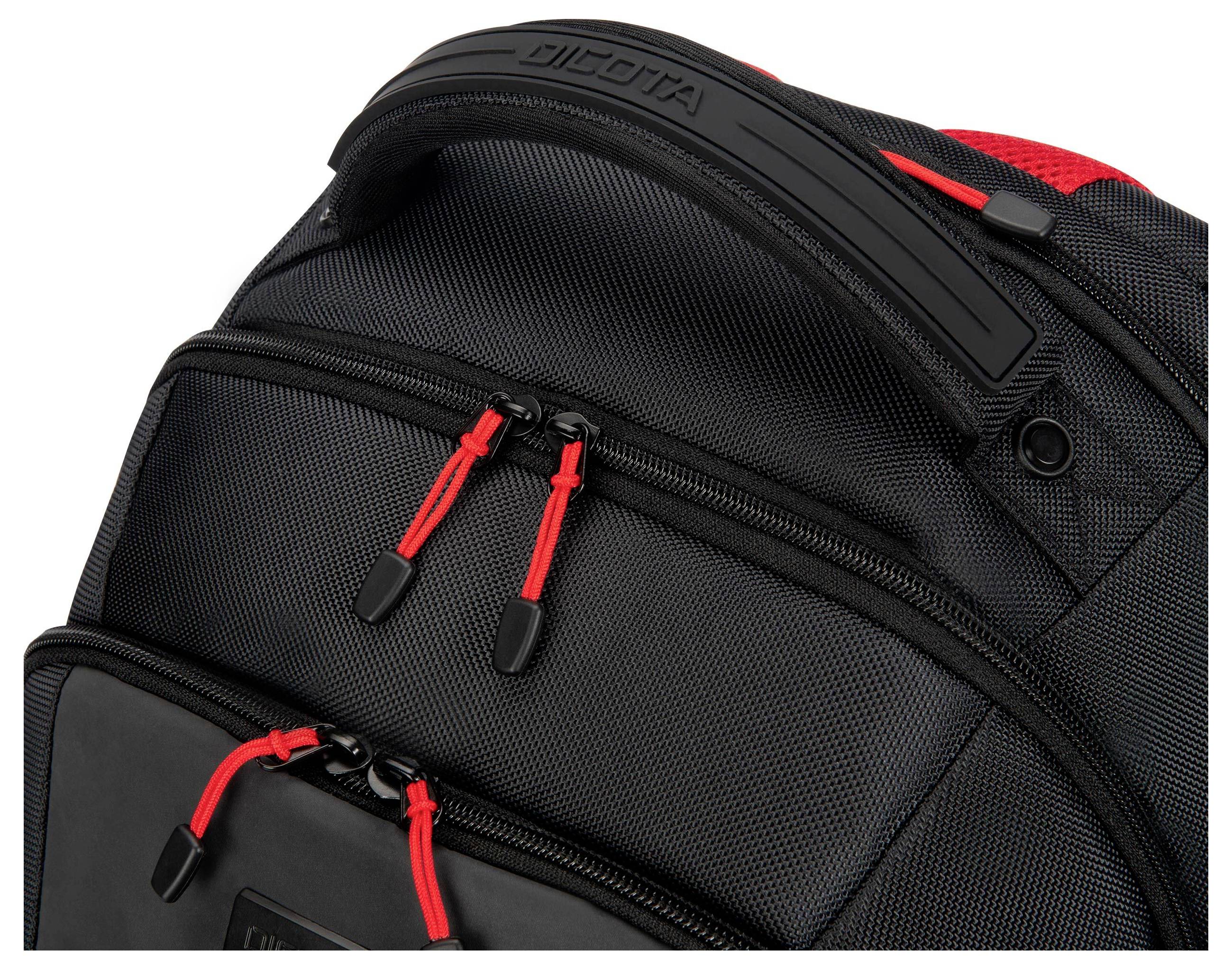 Schwarzer Rucksack mit roten Reißverschlüssen, robustes Material, geeignet für Transport und Schutz von persönlichen Gegenständen.