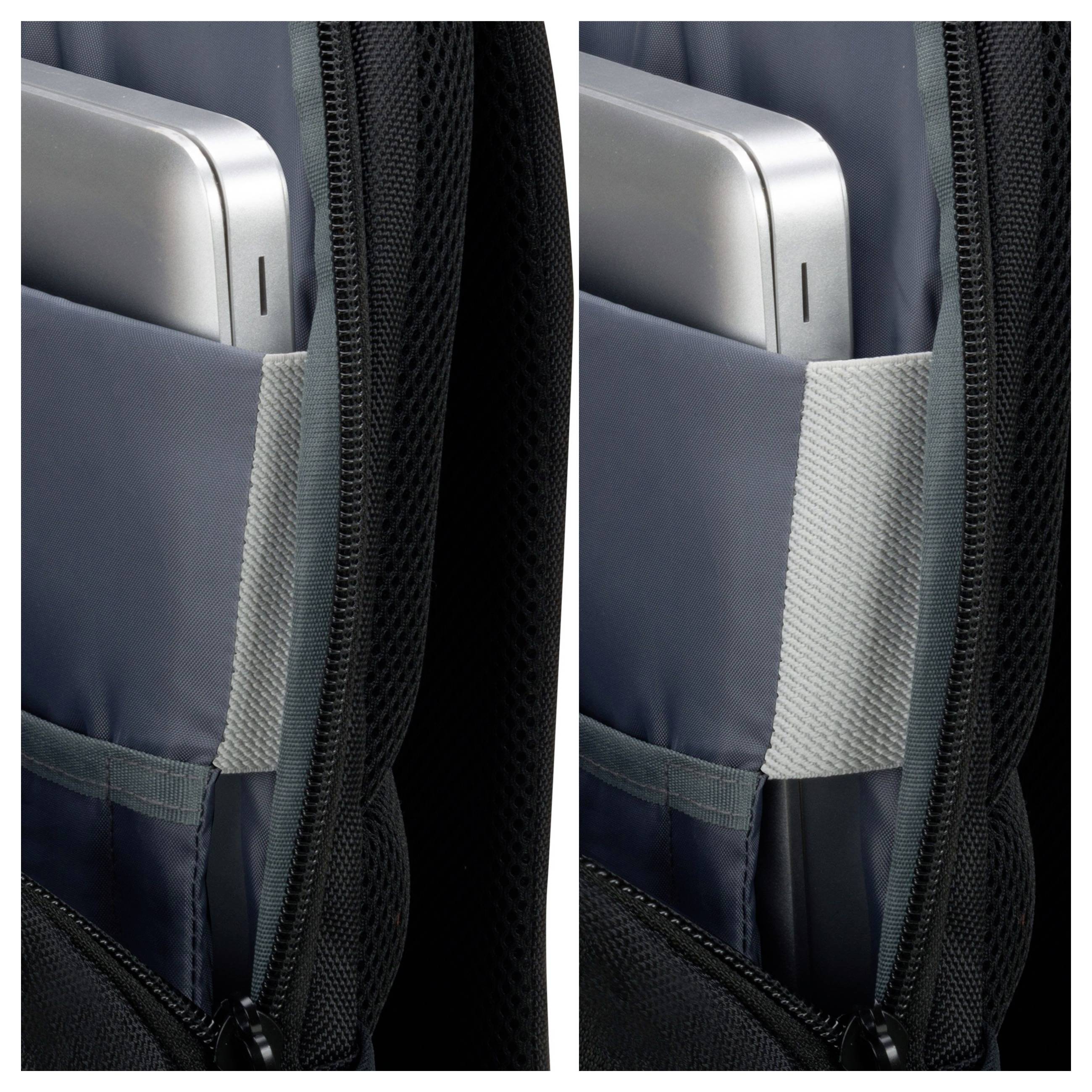 Zwei Bilder zeigen ein graues Gerät in einer Tasche. Links sichtbar mit Netzstoff, rechts mit glattem Stoff bedeckt.