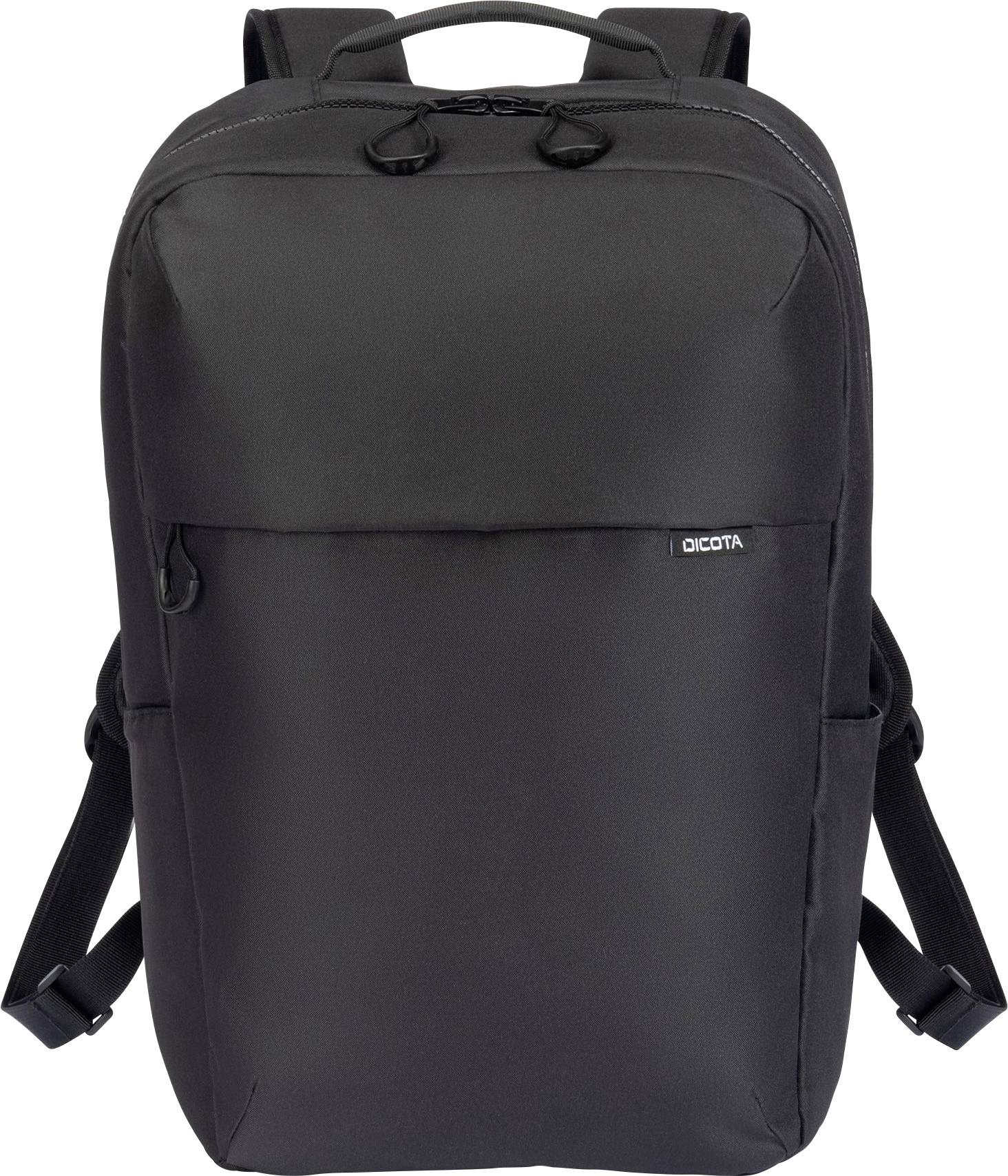 Ein schwarzer Rucksack mit einem einfachen, schlanken Design und verstellbaren Schulterriemen, geeignet für Schule oder Büro.
