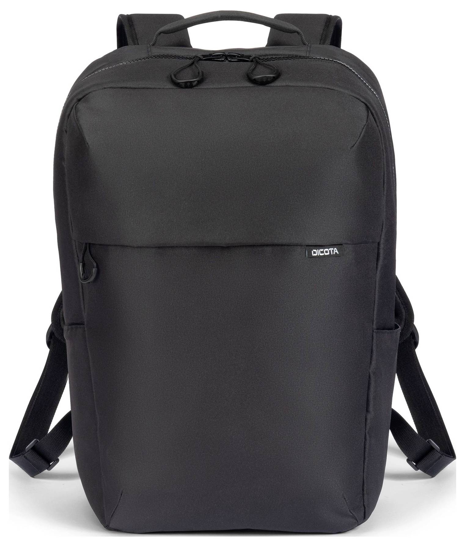 Schwarzer Rucksack mit schlichtem Design, zwei Reißverschlüssen oben und einem Markenaufdruck. Geeignet für den täglichen Gebrauch.