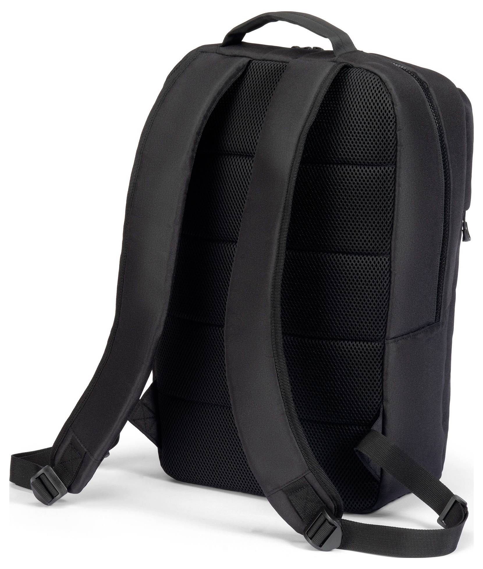 Schwarzer Rucksack von hinten mit gepolsterten Trägern und Rückenpartie, für Komfort und Haltbarkeit gestaltet.