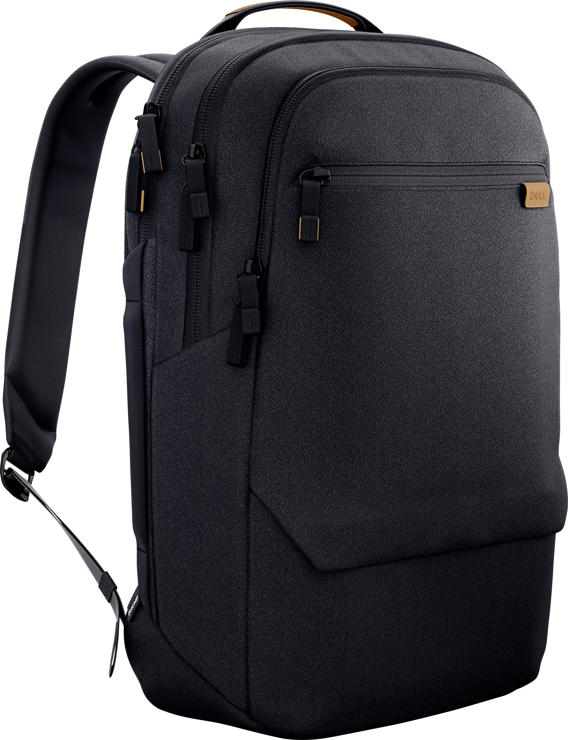 Ein schwarzer Rucksack mit mehreren Reißverschlusstaschen, geeignet für den Transport von Laptop und Zubehör.