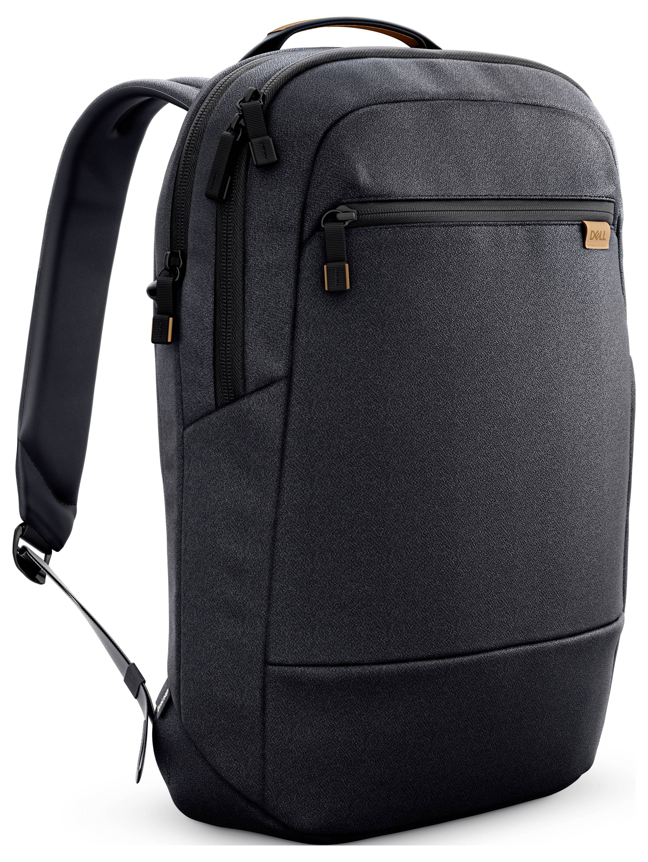 Ein schwarzer Rucksack mit zwei Reißverschlussfächern und einem gepolsterten Schultergurt, geeignet für den Transport von Laptops.