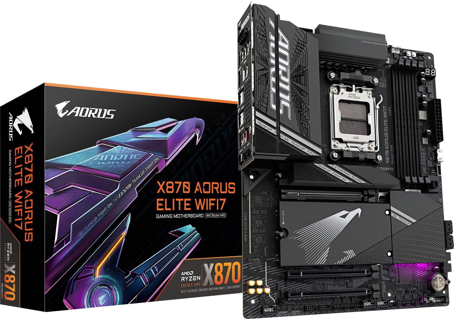 'Mainboard AORUS X670 Elite WIFI 7' neben seiner Verpackung, geeignet für AMD Ryzen Prozessoren. Verpackung zeigt futuristisches Design.