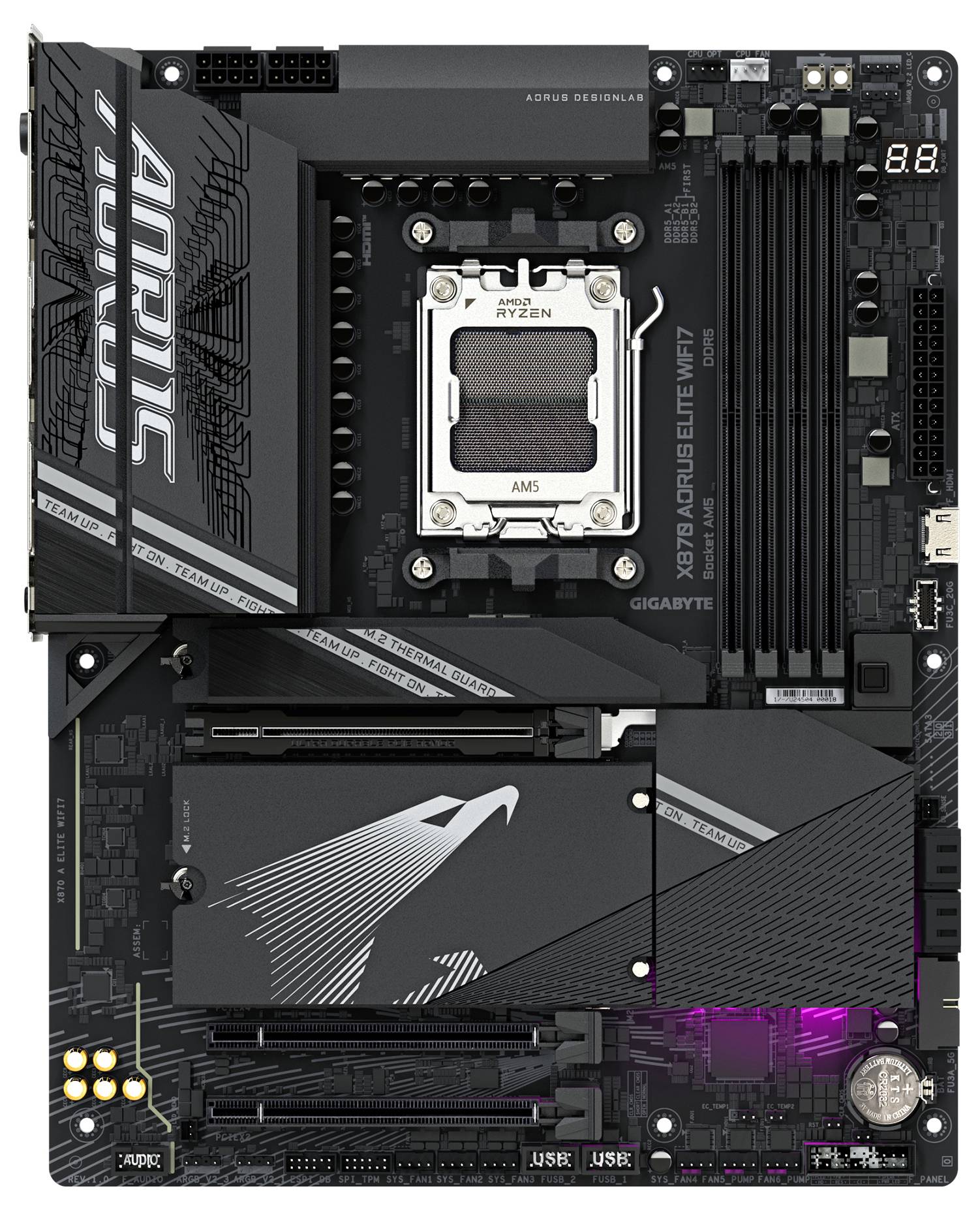 Eine schwarze Computer-Mainboard-Platine mit mehreren Steckplätzen, einem großen Kühlkörper mit dem Logo 'AORUS' und LED-Anzeige.