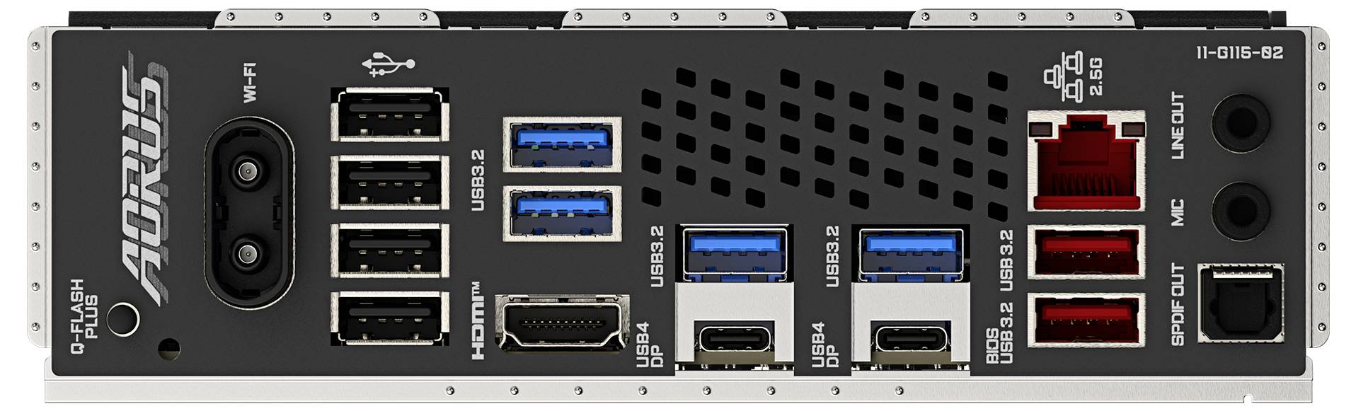 Rückseite eines Motherboards mit USB- und HDMI-Anschlüssen, Ethernet-Ports, Audio-Ausgängen und einem Wi-Fi-Anschluss.