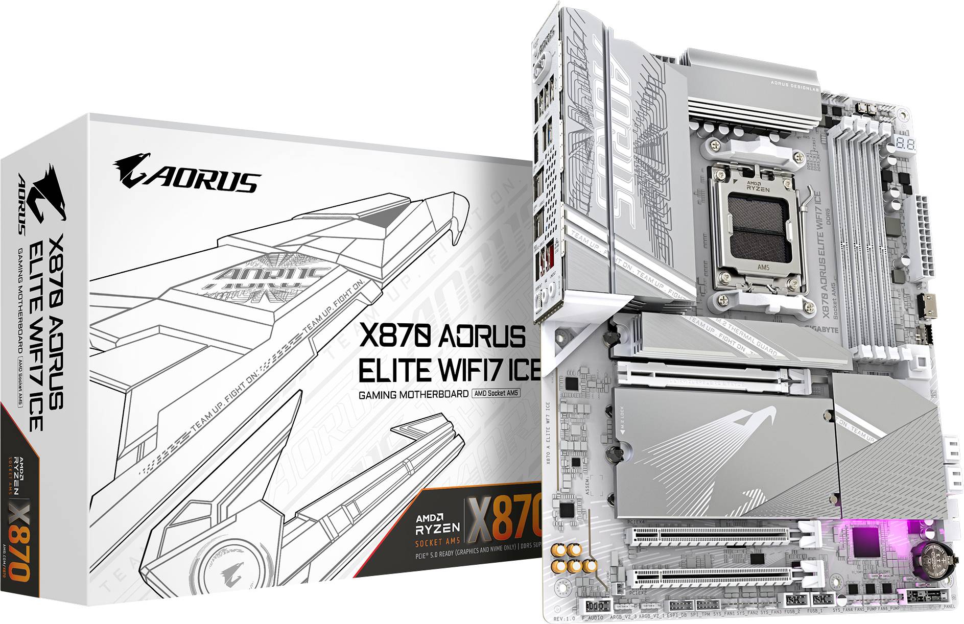 'X670 AORUS ELITE WIFI7 ICE' Hauptplatine und Verpackung mit futuristischem Design. Enthält AMD Ryzen X670 Chipset, geeignet für Gaming.
