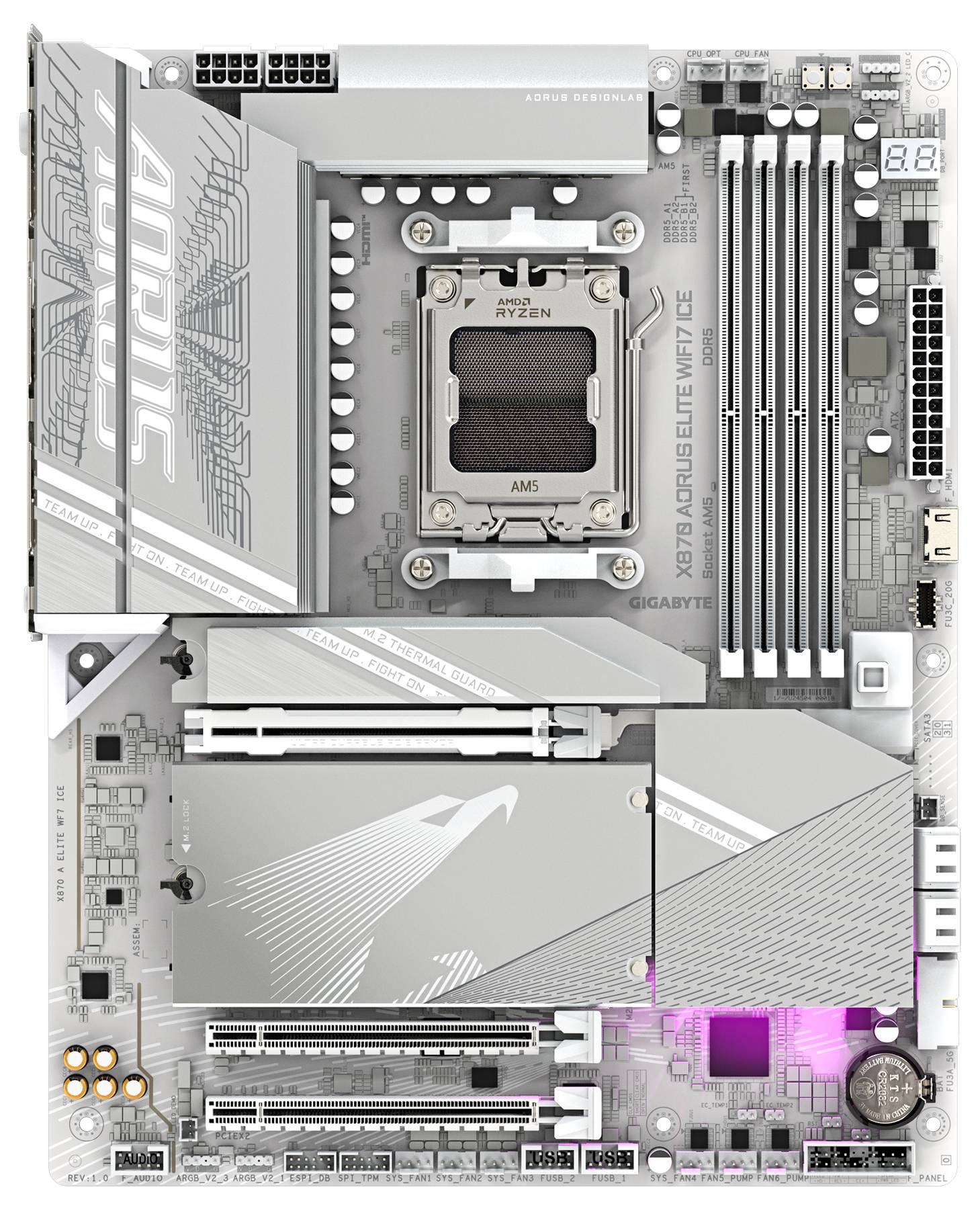 Graues Motherboard mit dem Namen 'AORUS' in der oberen linken Ecke und einem großen CPU-Sockel in der Mitte. Mehrere Steckplätze sichtbar.
