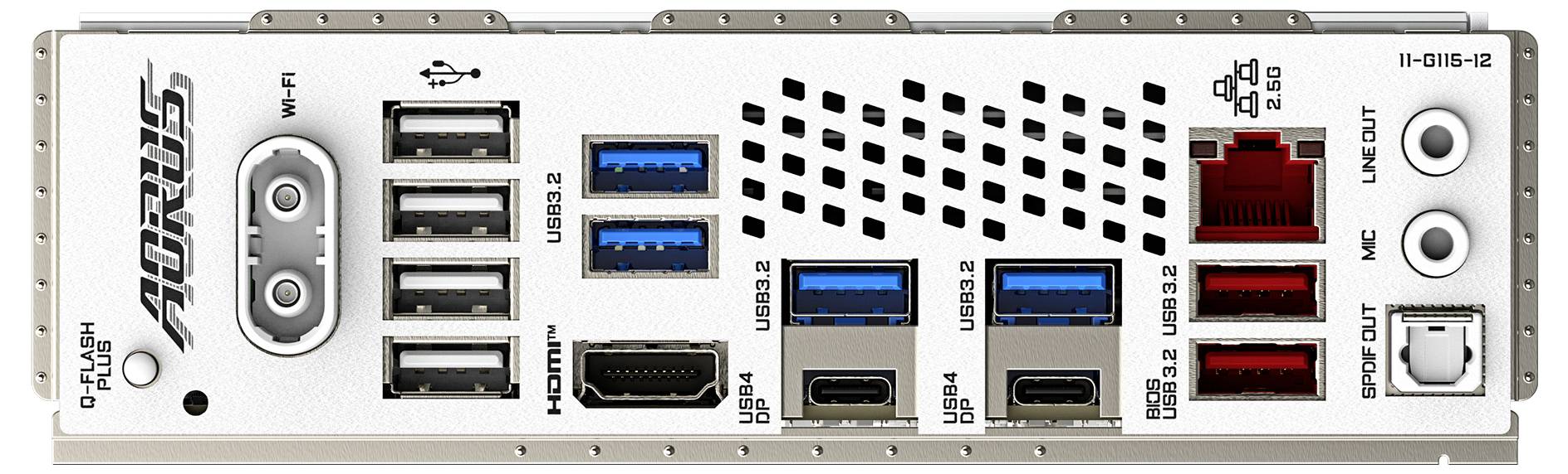 Rückseite eines Mainboards mit mehreren USB-Anschlüssen, Ethernet-Port, HDMI, optischem Audioausgang und verschiedenen Audioanschlüssen.